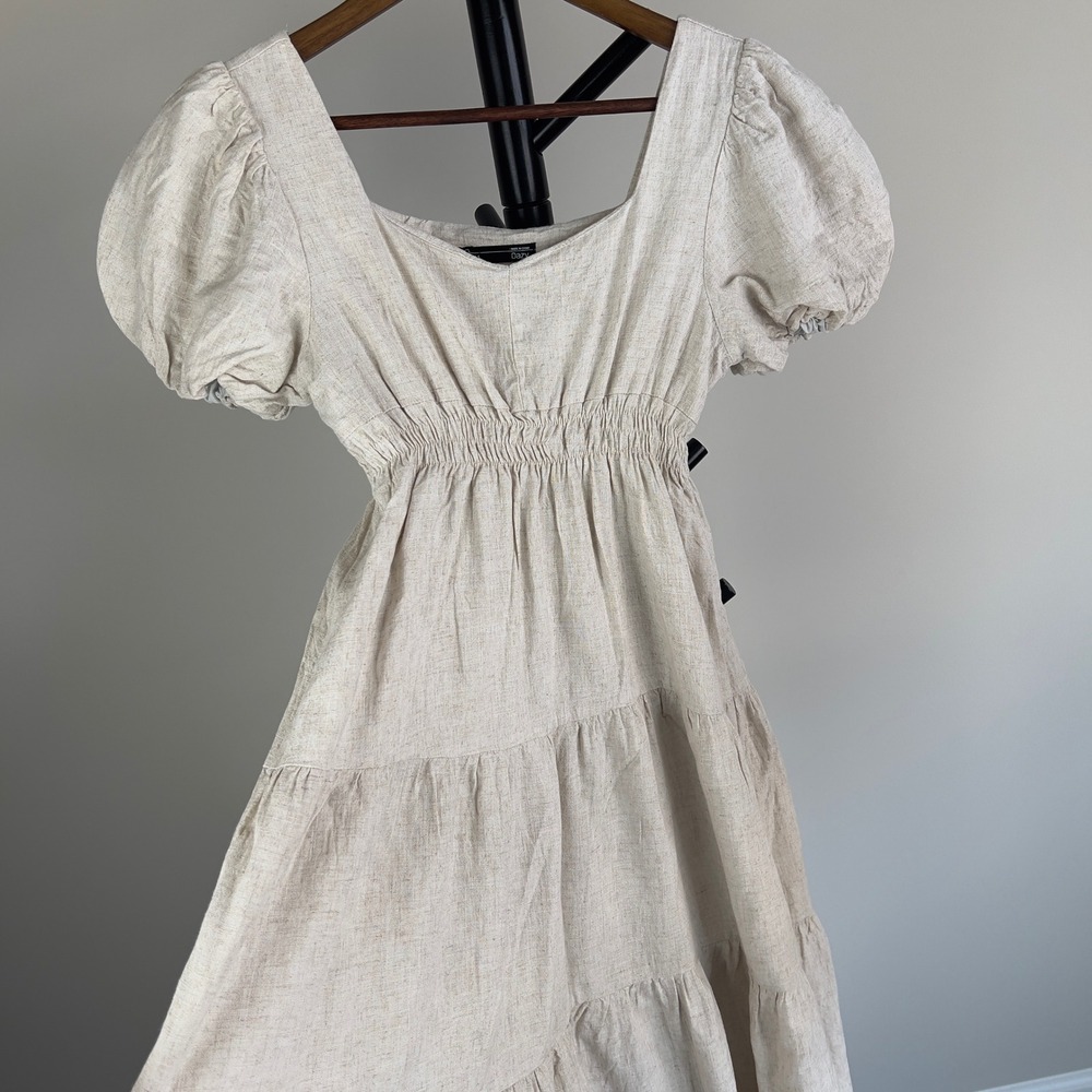 Dazy Women Beige Puff Sleeve Tiered Smocked Linen Blend Dress Size S Cottagecore